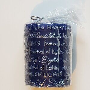 Vintage Happy Hanukkah - Festival of Lights Pillar Candle Blue Silver Ne…